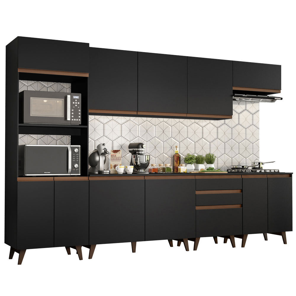 Cocina Integral 320 x 52 cm 11 Puertas 3 Cajones Con Mueble para Horno Negro Reims Madesa