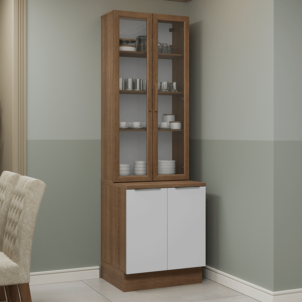 Kit Gabinete Bajo 2 Puertas y Vitrina 70 cm Marrón/Blanco Stella Madesa