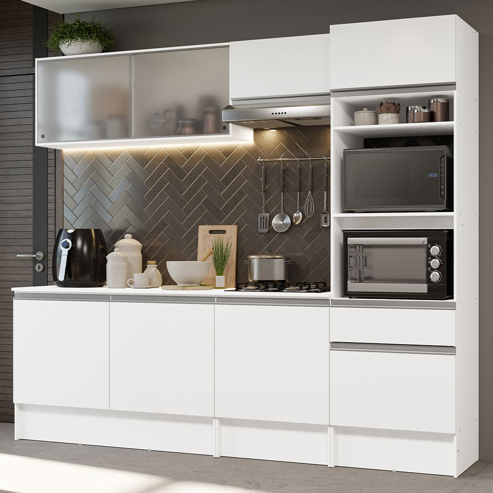 Cocina Integral 240 x 52 cm 8 Puertas 1 Cajón Con Mueble para Horno Blanco Topázio Madesa 05