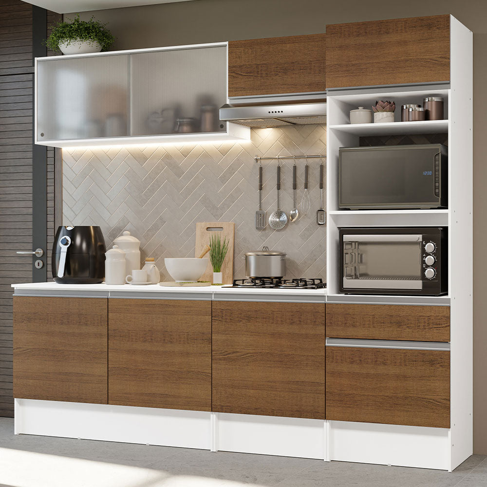 Cocina Integral 240 x 52 cm 8 Puertas 1 Cajón Con Mueble para Horno Blanco/Marrón Topázio Madesa 05