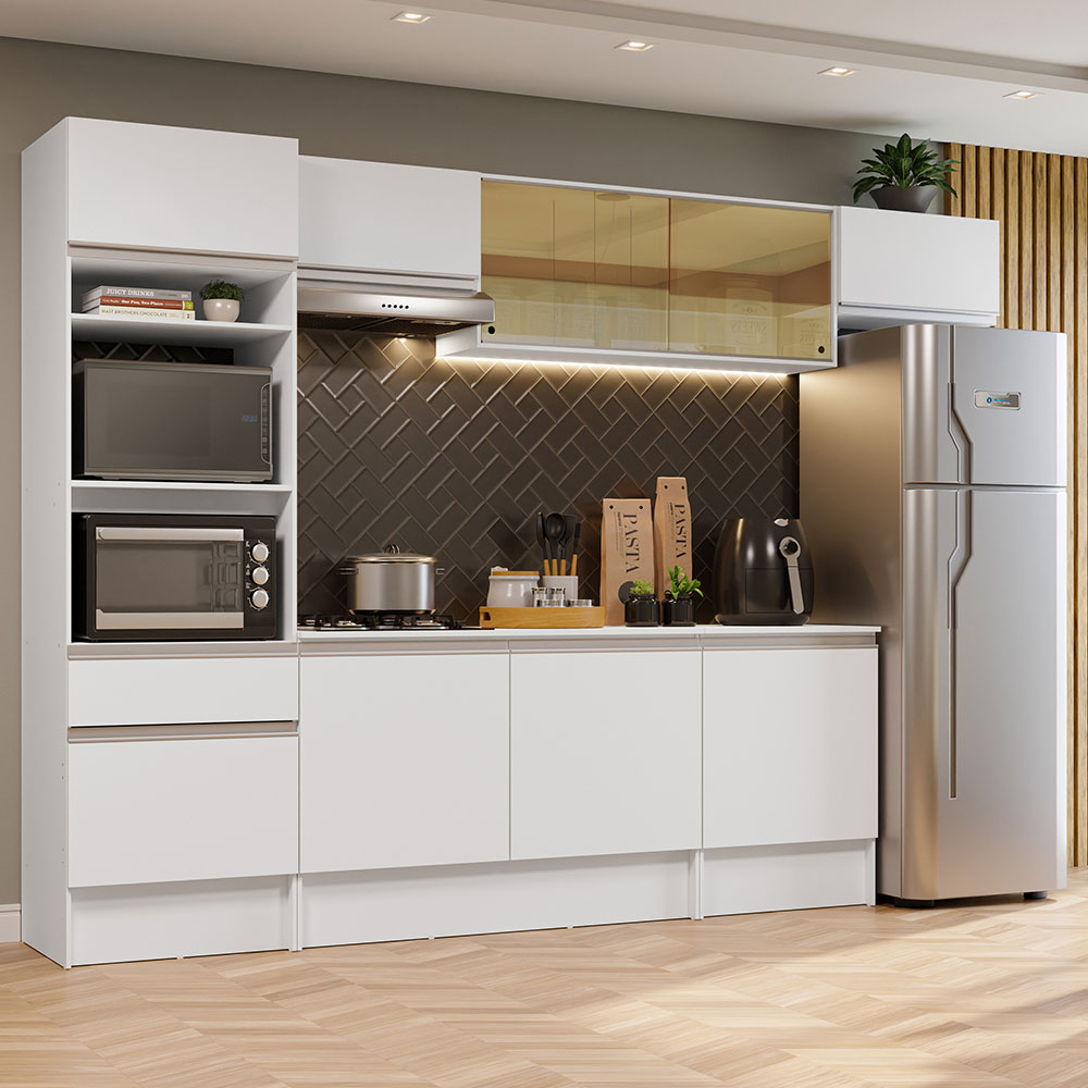 Cocina Integral 300 x 52 cm 9 Puertas 1 Cajón Con Mueble para Horno Blanco Topázio Madesa 02