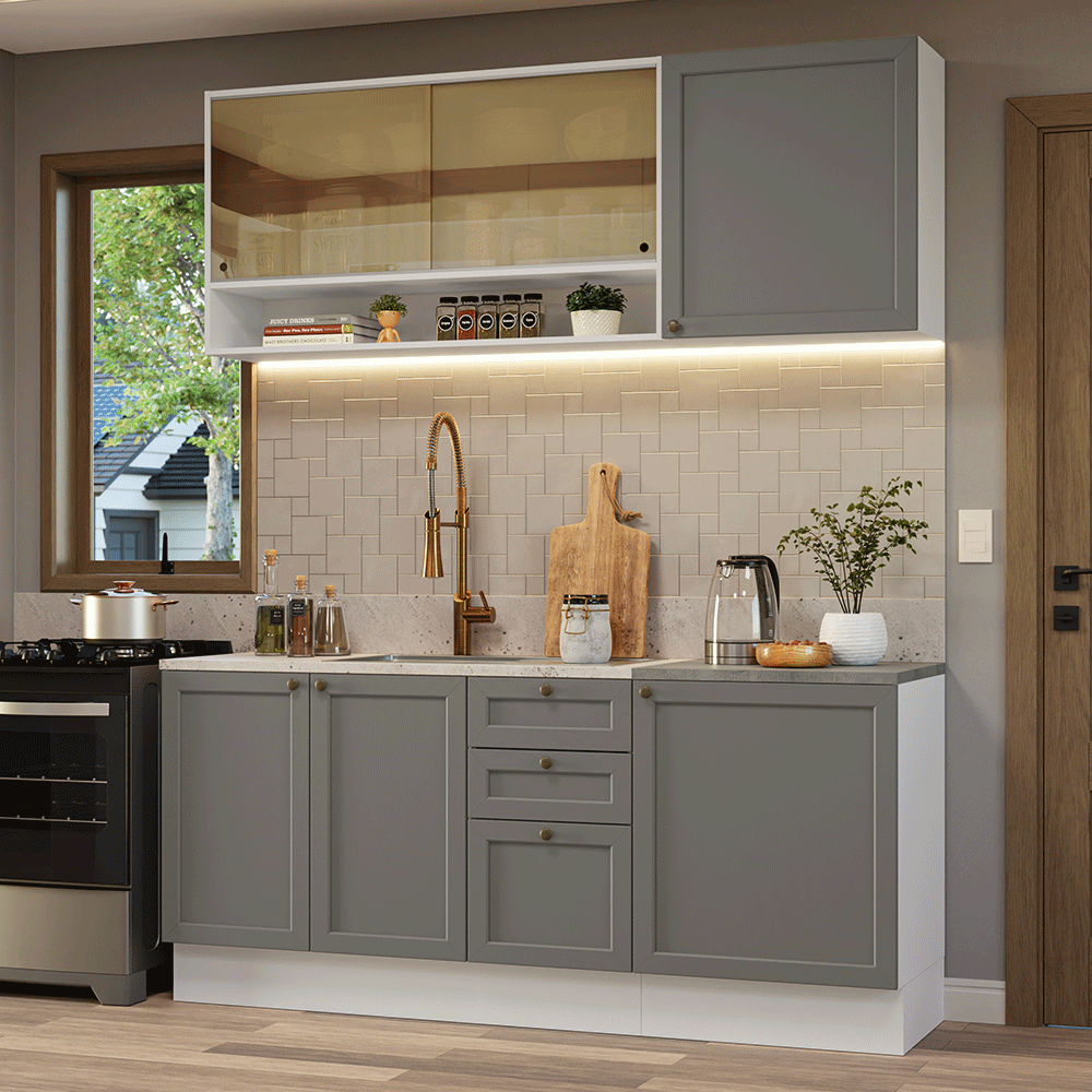 Cocina Integral 180 cm Blanco/Gris Vik Madesa 04