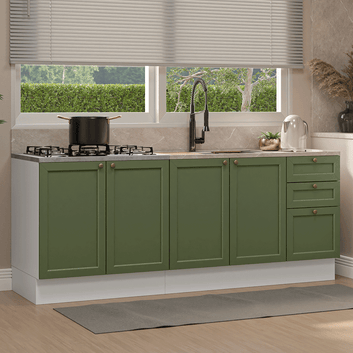 Kit con 2 Gabinetes de Cocina 4 Puertas 3 Cajones (Sin encimera/Fregadero/Tarja) Blanco/Verde Vik Madesa 01