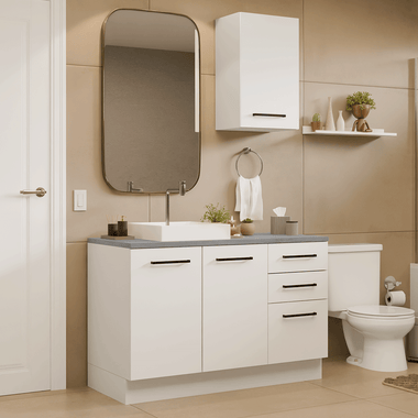 Kit Gabinete Bajo y Gabinete Superior para Baño 120 cm 3 Puertas 3 Cajones Blanco Agata Madesa