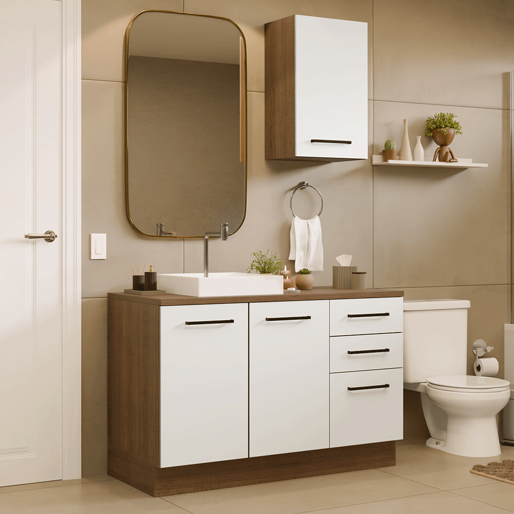 Gabinete para Baño 120 cm 3 Puertas 3 Cajones Agata Marrón/Blanco 01