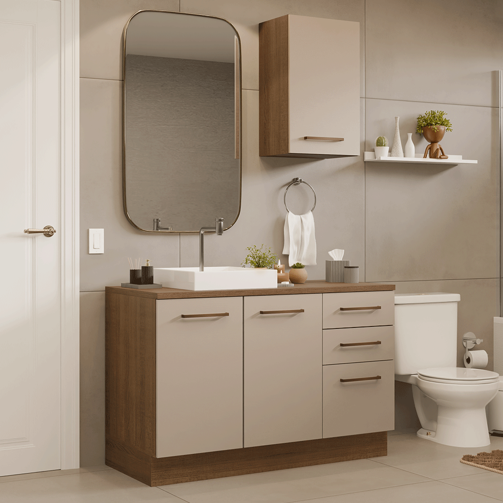 Gabinete para Baño 120 cm 3 Puertas 3 Cajones Agata Marrón/Crema 01