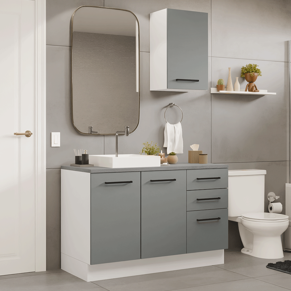 Kit Gabinete Bajo y Gabinete Superior para Baño 120 cm 3 Puertas 3 Cajones Blanco/Gris Agata Madesa