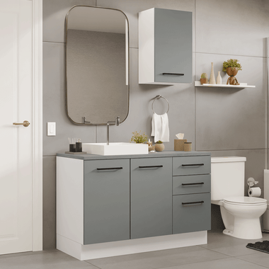 Kit Gabinete Bajo y Gabinete Superior para Baño 120 cm 3 Puertas 3 Cajones Blanco/Gris Agata Madesa