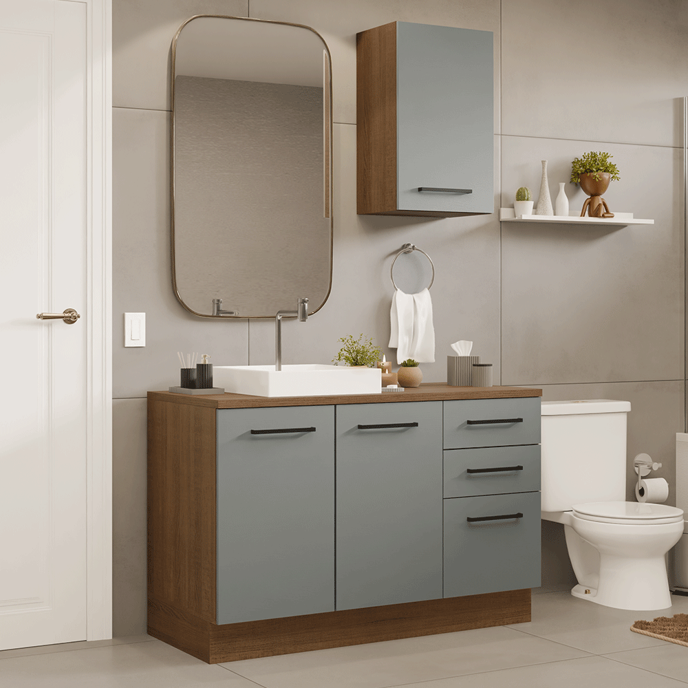 Gabinete para Baño 120 cm 3 Puertas 3 Cajones Agata Marrón/Gris 01