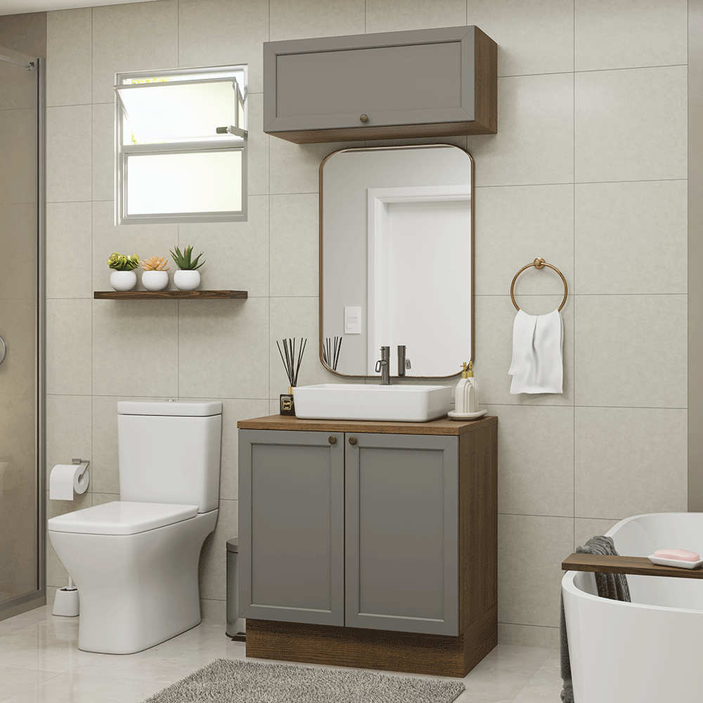 Combo Gabinete Bajo para Baño 80cm 3 Puertas Marrón/Gris Vik Madesa 02