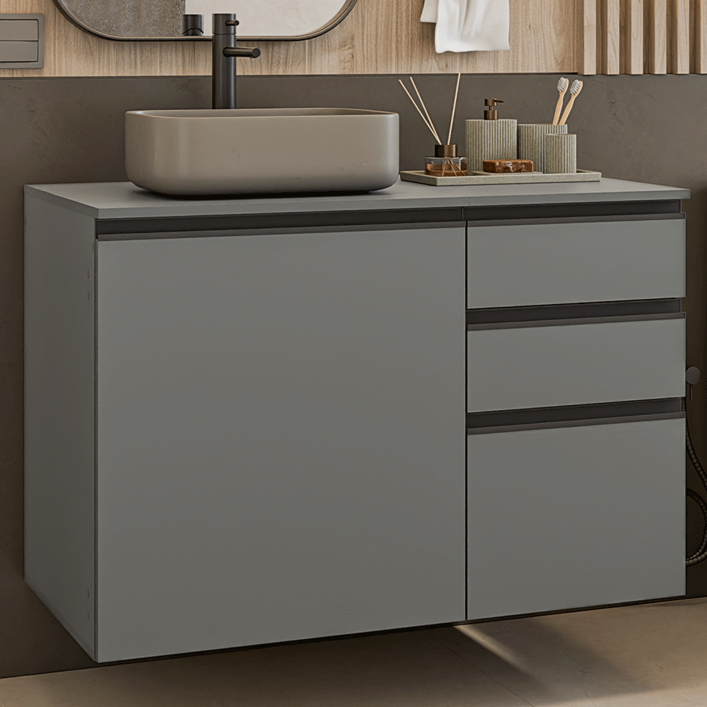Gabinete para Baño Flotante 100 cm 1 Puerta 3 Cajones Gris Nice Madesa