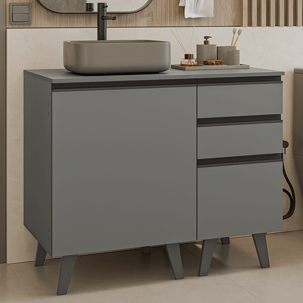 Gabinete Bajo para Baño 100cm 1 Puerta 3 Gavetas Gris Nice Madesa 04
