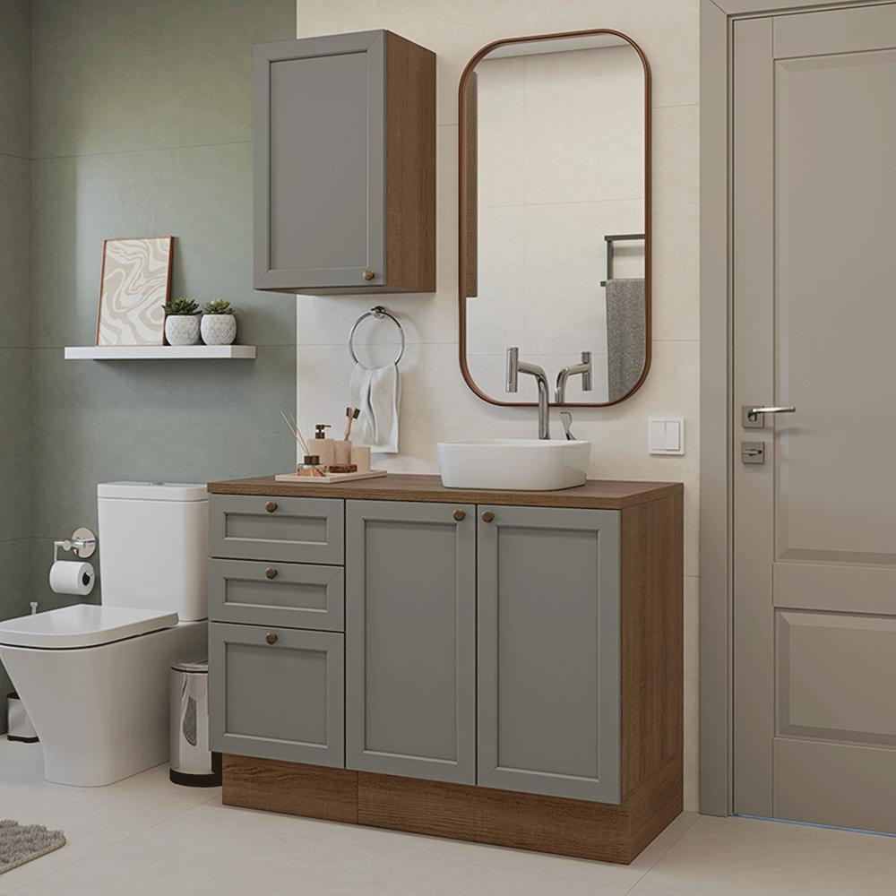 Combo Gabinete Bajo para Baño 110cm 3 Gavetas 3 Puertas Marrón/Gris Vik Madesa 01