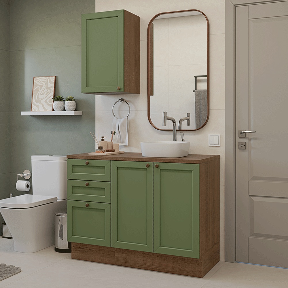 Combo Gabinete Bajo para Baño 110cm 3 Gavetas 3 Puertas Marrón/Verde Vik Madesa 01