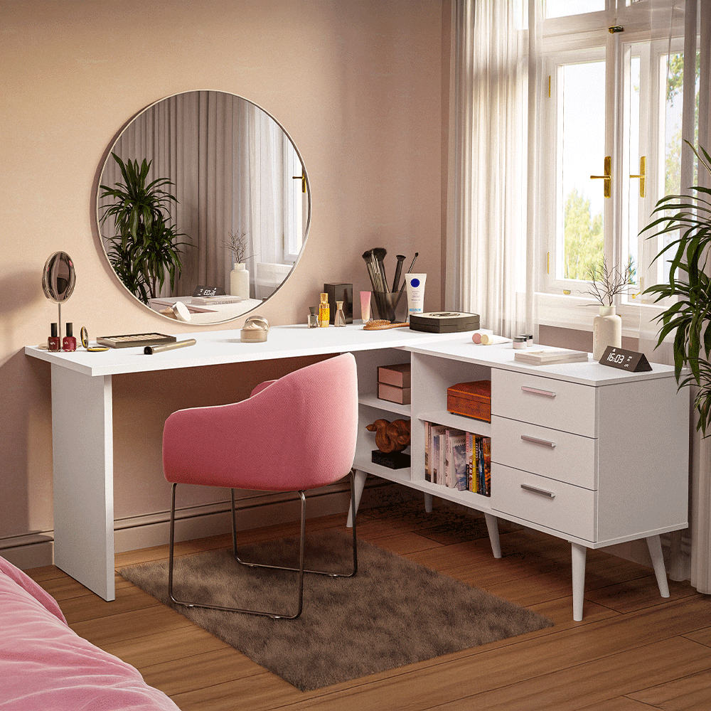 Tocador Esquinero 302 x 60 cm 3 Cajones Blanco Madesa