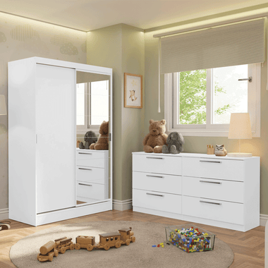Kit Clóset Infantil Esquinero 267 cm 2 Puertas con 1 Espejo y Cómoda Blanco Madesa