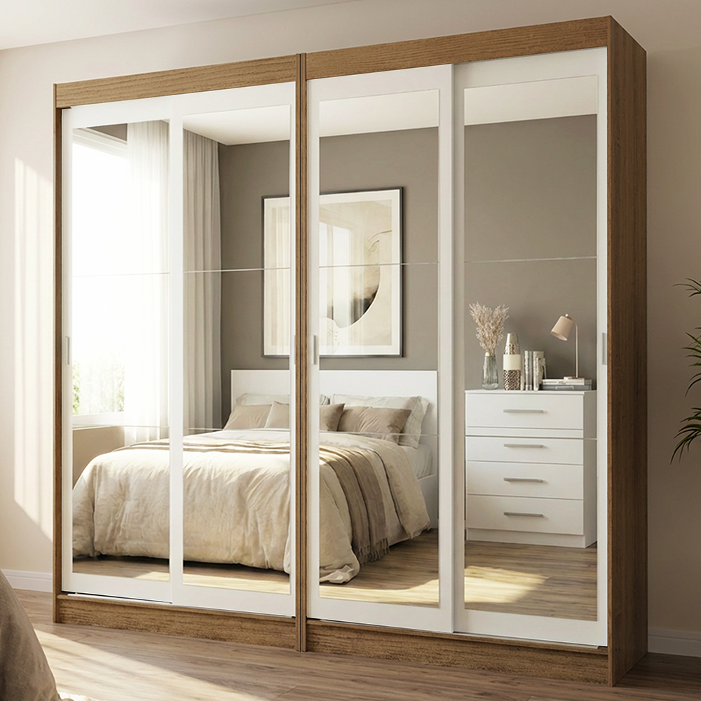 Conjunto de 2 Clósets 4 Puertas Corredizas con 4 Espejos Marrón/Blanco Tokio Madesa