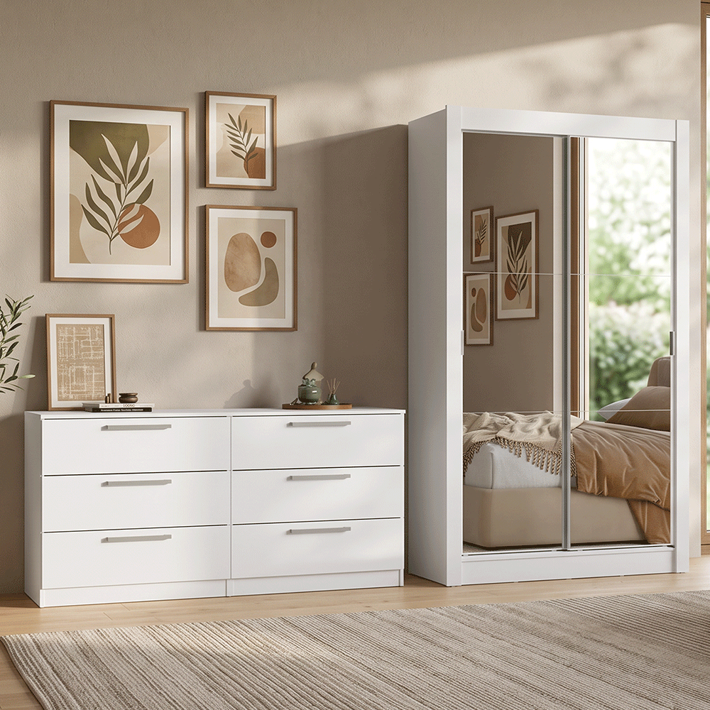 Conjunto de Recámara Individual con Clóset 2 Puertas con Espejos y Cómoda Blanco Madesa