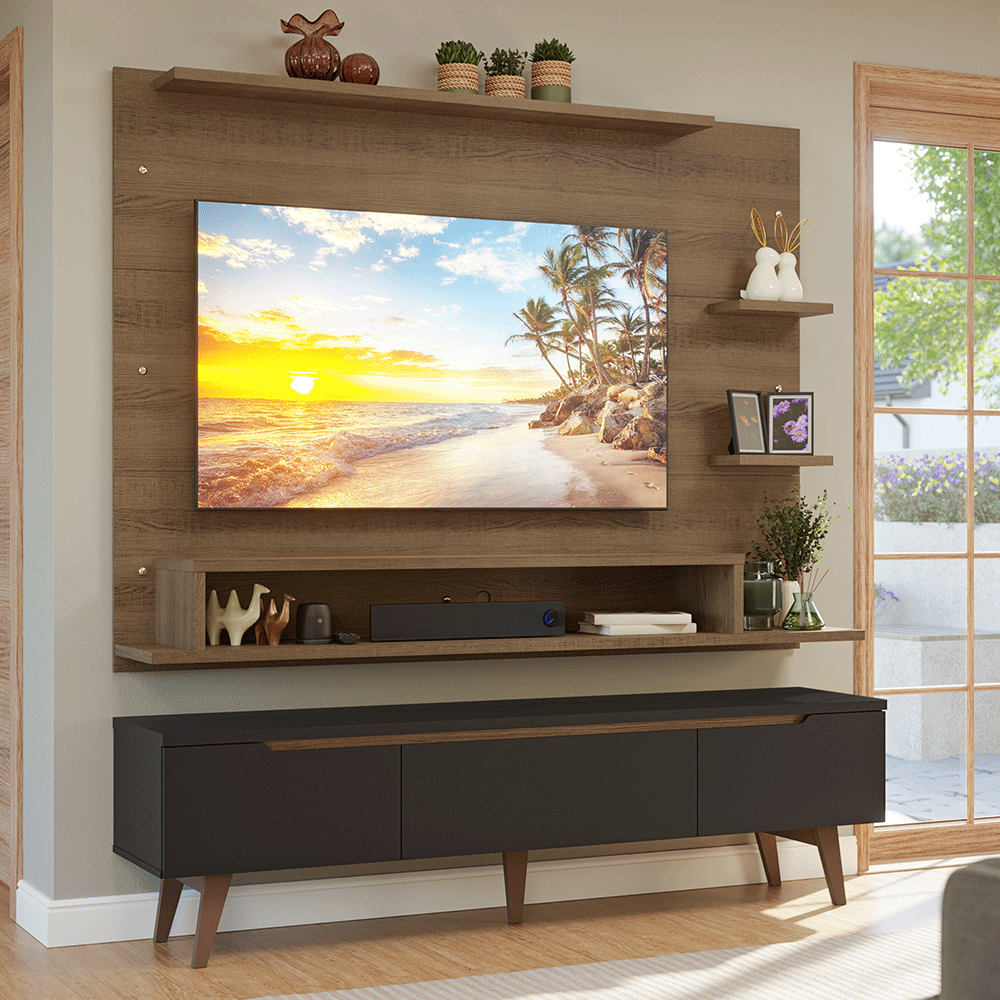 Mueble con Panel para TV hasta 60 Pulgadas 180 cm con patas Marrón/Negro/Marrón Reims Madesa