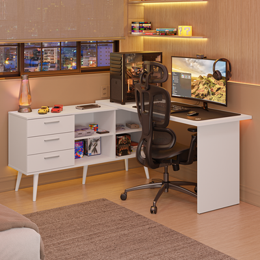 Escritorio Esquinero Gamer 302 cm 3 Cajones Blanco Madesa