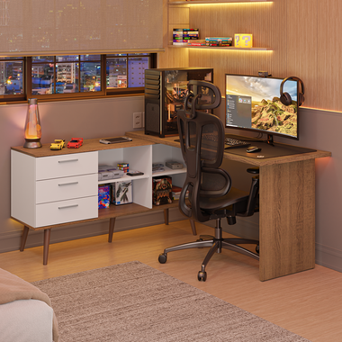 Escritorio Esquinero Gamer 302 cm 3 Cajones Blanco/Marrón Madesa