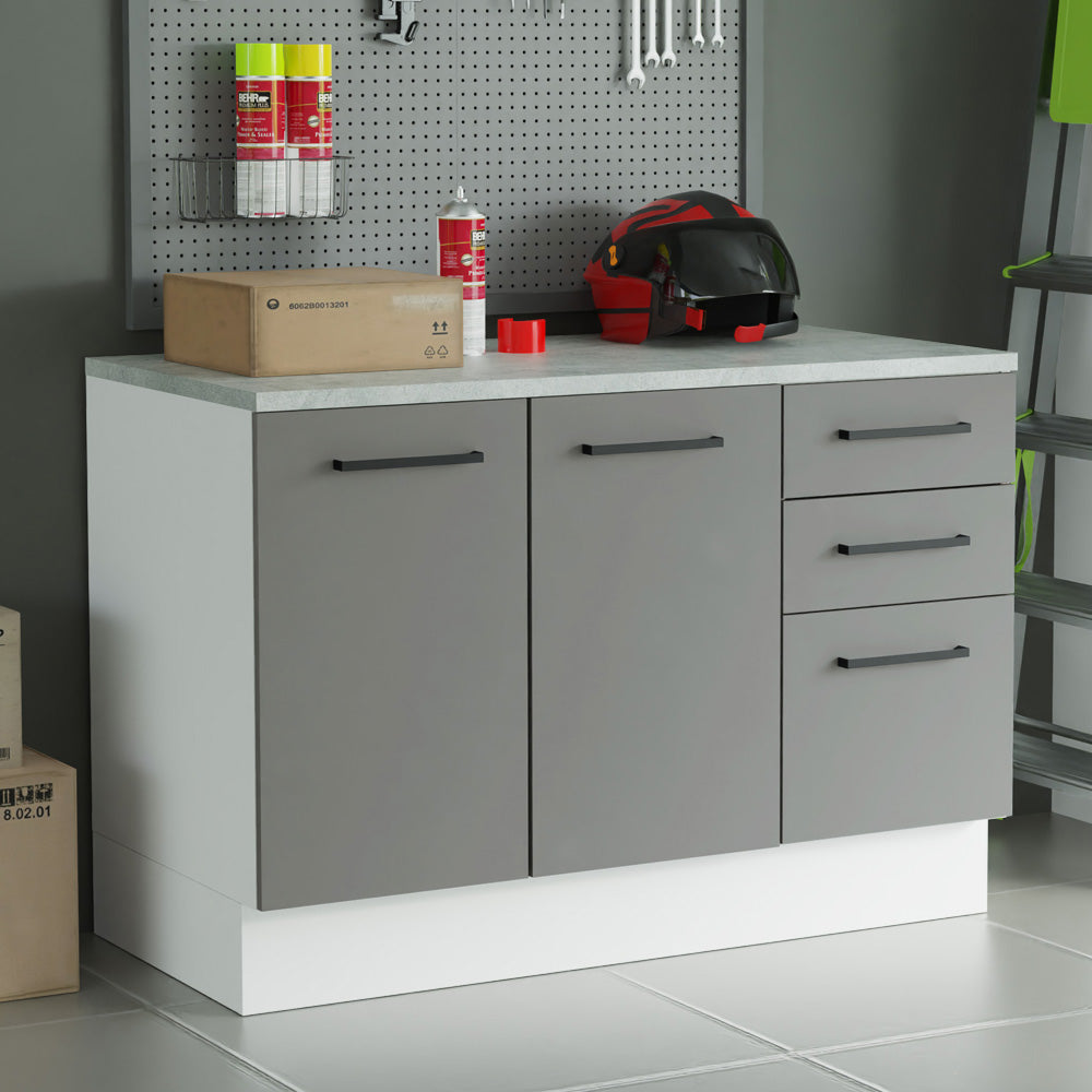 Gabinete Bajo Multiuso 120 cm 2 Puertas 3 Cajones Blanco/Gris Madesa