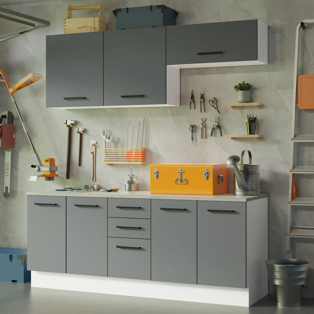 Kit Gabinete Bajo y Gabinete Superior Multiuso 200 cm Blanco/Gris Agata Madesa
