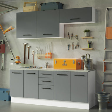 Kit Gabinete Bajo y Gabinete Superior Multiuso 200 cm Blanco/Gris Agata Madesa
