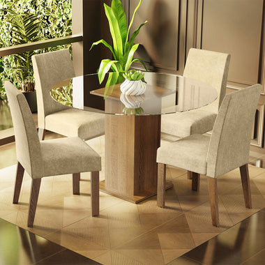 Conjunto de Comedor con Encimera Vidrio Circular 4 Sillas Marrón/Imperial Mile Madesa