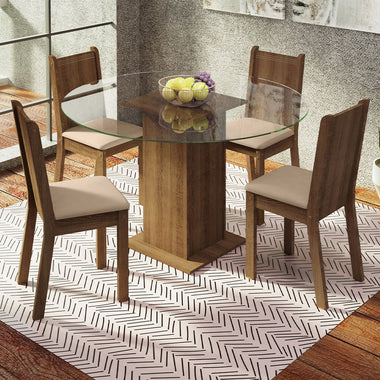 Conjunto de Comedor con Encimera Vidrio Circular 4 Sillas Marrón/Beige Paula Madesa