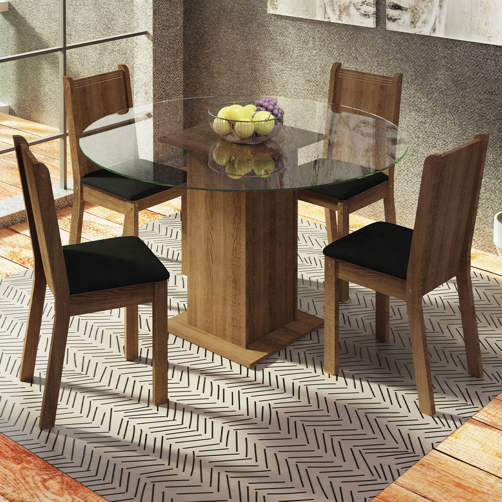 Conjunto de Comedor con Encimera Vidrio Circular 4 Sillas Marrón/Negro Paula Madesa