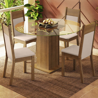 Conjunto de Comedor con Encimera Vidrio Circular 4 Sillas Marrón/Crema/Beige Ana Madesa