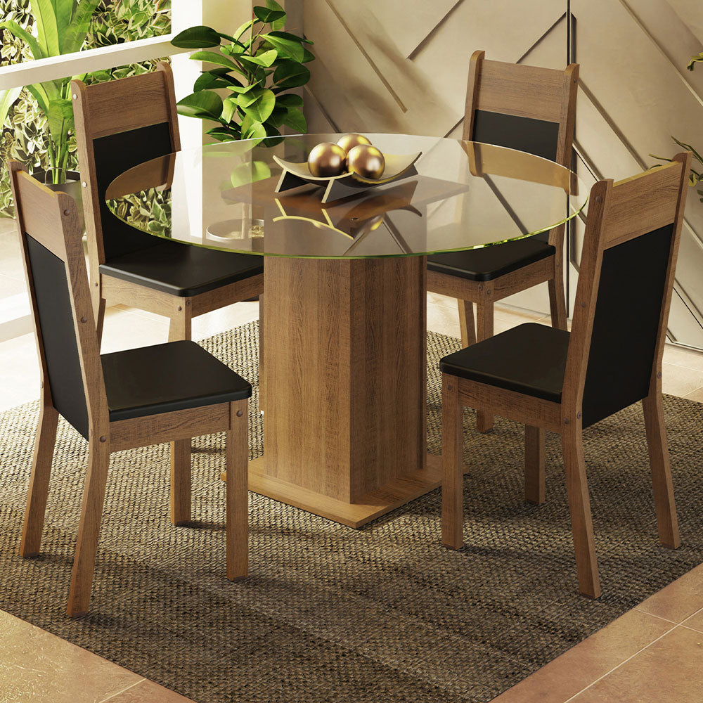 Conjunto de Comedor con Encimera Vidrio Circular 4 Sillas Marrón/Negro Ana Madesa