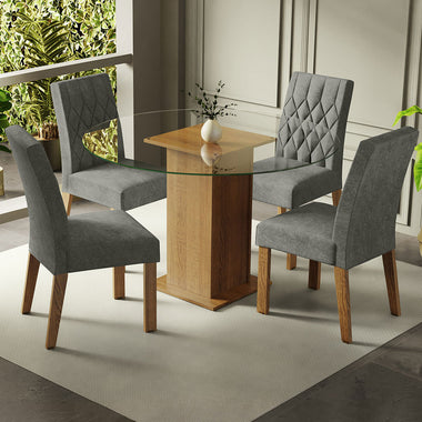 Conjunto de Comedor con Encimera Vidrio Circular 4 Sillas Marrón/Silver Irene Madesa
