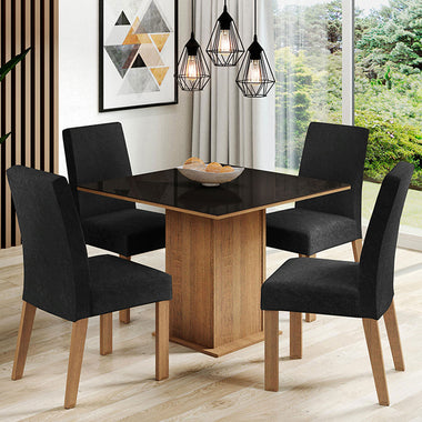 Conjunto de Comedor con Encimera Vidrio 4 Sillas Marrón/Negro/Oxford Evelin Madesa
