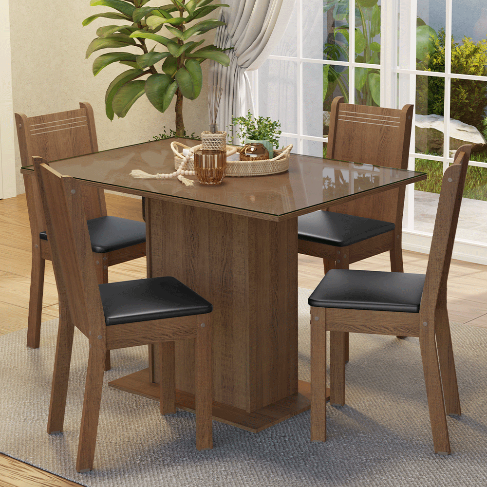 Conjunto de Comedor con Encimera Vidrio 4 Sillas Marrón/Negro Camelia Madesa