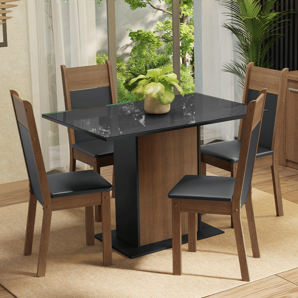 Conjunto de Comedor con Encimera Vidrio 4 Sillas Marrón/Negro Viena Madesa