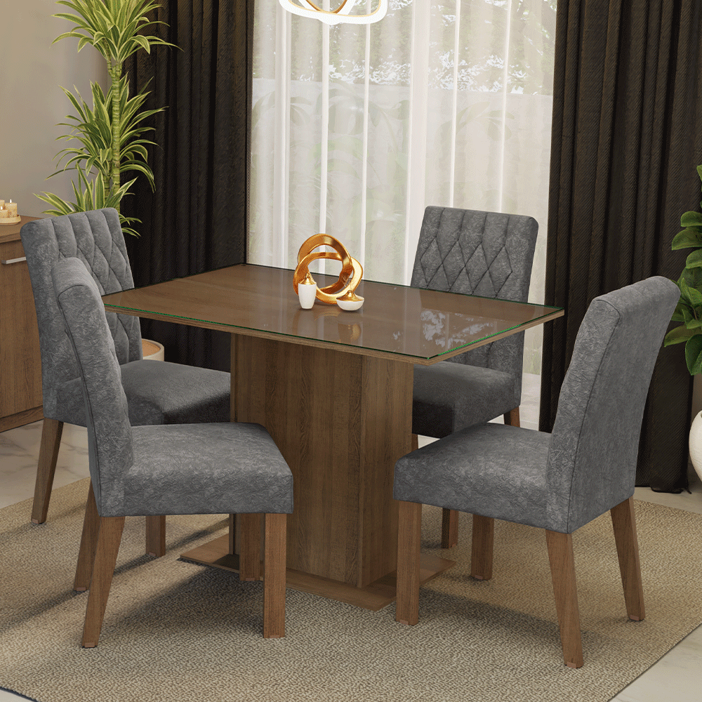 Conjunto de Comedor con Encimera Vidrio 4 Sillas Marrón/Silver Reale Madesa