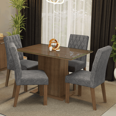 Conjunto de Comedor con Encimera Vidrio 4 Sillas Marrón/Silver Reale Madesa