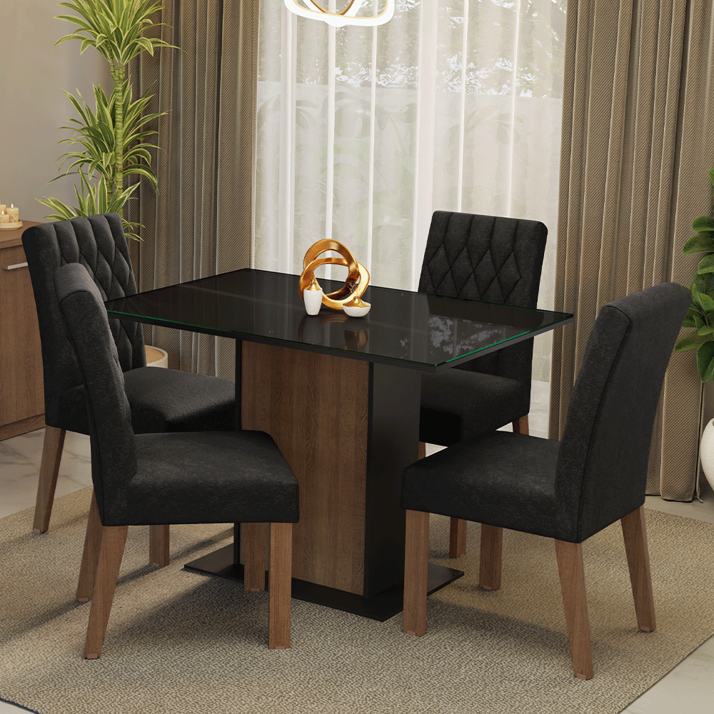 Juego de Comedor Mesa con Encimera de Vidrio 4 Sillas Marrón/Negro/Oxford Reale