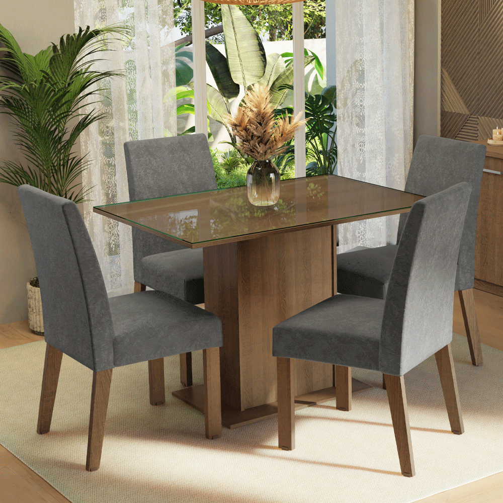 Conjunto de Comedor con Encimera Vidrio 4 Sillas Marrón/Silver Zion Madesa