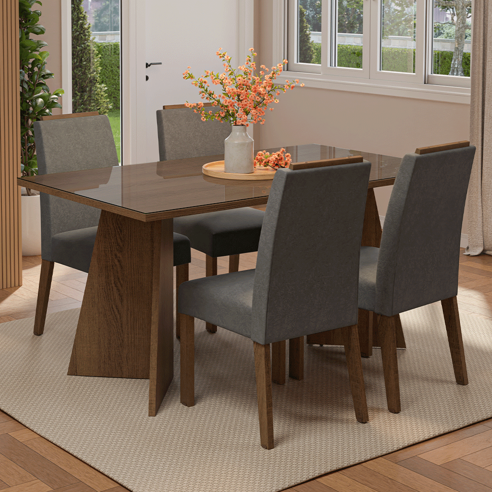 Conjunto de Comedor Encimera de Vidrio 4 Sillas Marrón/Silver Braga Madesa