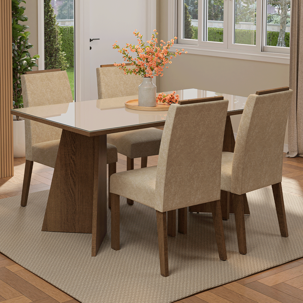 Conjunto de Comedor Encimera de Vidrio 4 Sillas Marrón/Crema/Imperial Braga Madesa