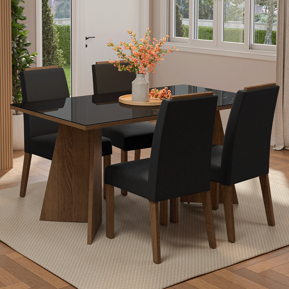 Conjunto de Comedor Encimera de Vidrio 4 Sillas Marrón/Negro/Oxford Braga Madesa