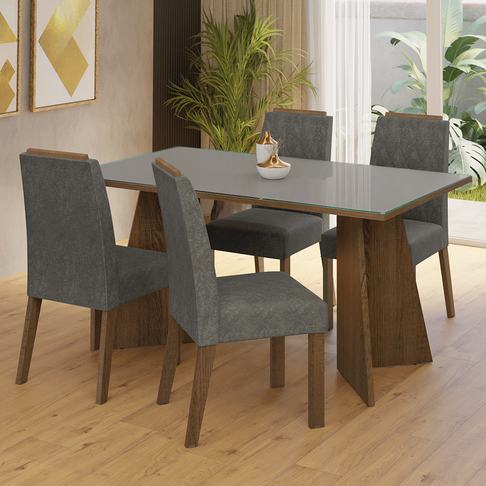 Conjunto de Comedor Mesa Encimera de Vidrio 4 Sillas Marrón/Gris/Silver Porto Madesa