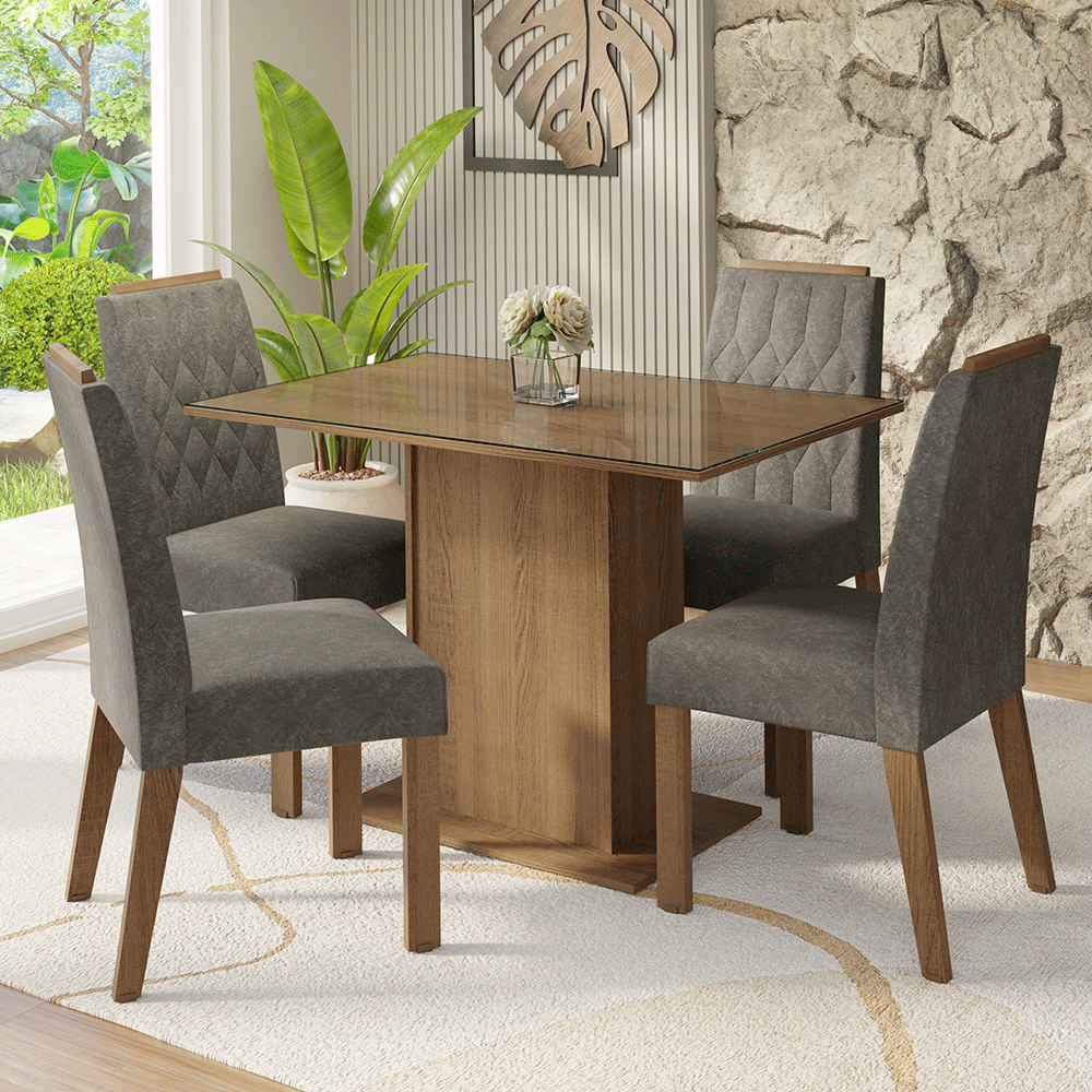 Conjunto de Comedor Encimera de Vidrio 4 Sillas Marrón/Silver Pitanga Madesa