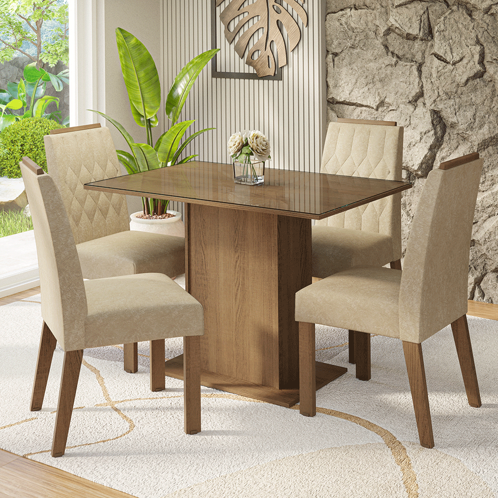 Conjunto de Comedor Encimera de Vidrio 4 Sillas Marrón/Imperial Pitanga Madesa