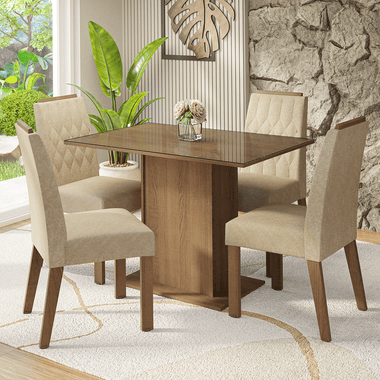 Conjunto de Comedor con Encimera Vidrio 4 Sillas Marrón/Imperial Pitanga Madesa