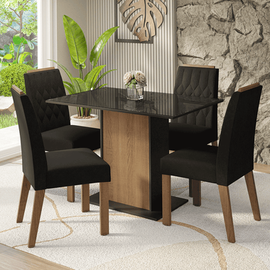 Conjunto de Comedor con Encimera Vidrio 4 Sillas Marrón/Negro/Oxford Pitanga Madesa