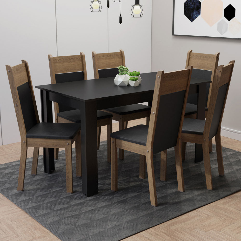 Conjunto Comedor Medelin Mesa Encimera de Madera con 6 Sillas Negro/Marrón/Sintético Negro